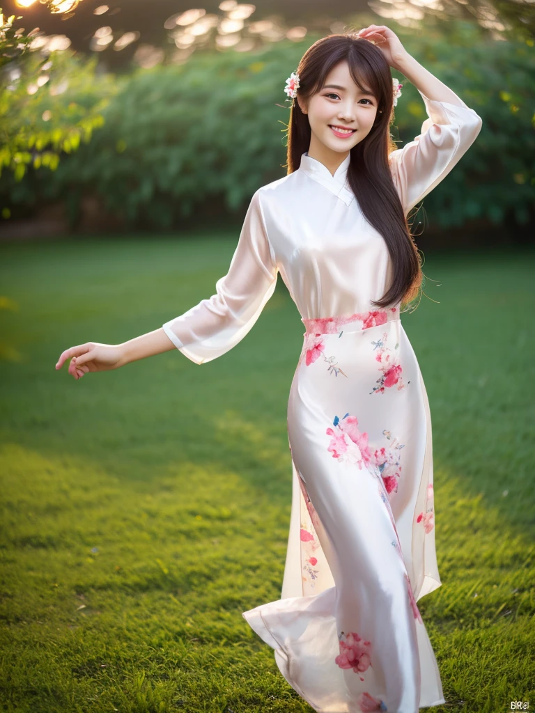 white silk floral design aodai, Vietnamese girl, smile , long silky hair, Realistic lighting, delicate face, Body perfect anatomy,Top Quality, 8K Resolution , full body , realistic , real human , High quality, realistic , Cinematic, Aesthetic, beautiful girl,