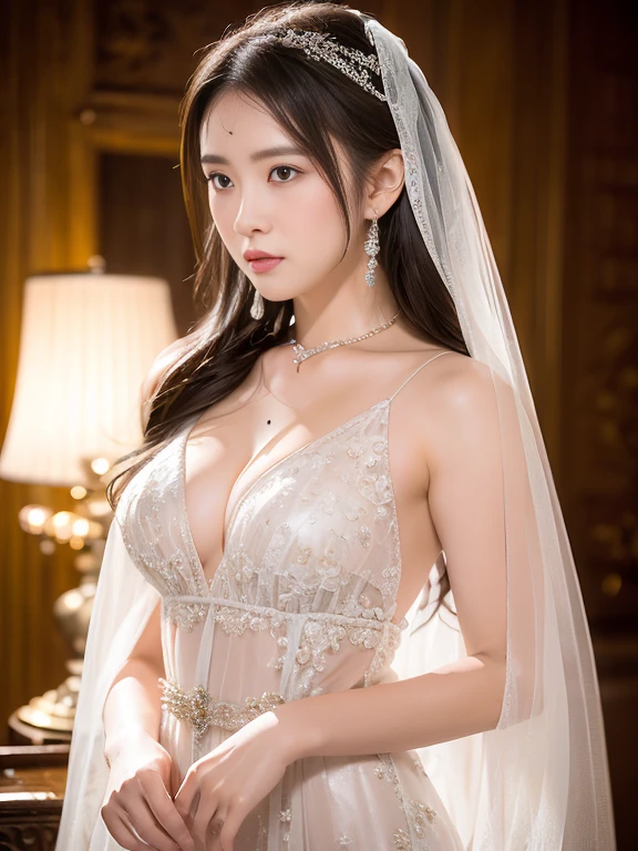 In the quiet ambiance of a first night romance, a beautiful bride stands with a seductive, yet slightly sad and worried expression on her face. The details of her enchanting eyes and delicate lips are exquisitely portrayed, catching the viewer's attention. Adorned with a see-through wedding dress, the fabric gracefully drapes her body, revealing her small breasts, which are tastefully presented. The deep V neckline of her dress accentuates her alluring charm. As the bride poses, her gentle elegance emanates from the masterpiece of this portrait. The image quality is of the highest standard, exhibiting ultra-detailed precision, capturing even the most intricate elements. The inclusion of realistic, photorealistic effects with a 1.37 enhancement further enhances the depth and authenticity of the artwork. This masterpiece is best appreciated in its full glory, with a resolution of 4k or 8k, capturing every subtle nuance and fine detail. The artist's skilled technique, akin to a professionally-shot photograph, skillfully utilizes studio lighting to accentuate the bride's grace and beauty. A soft color palette envelops the scene, enhancing the romantic atmosphere. The gentle play of light and shadows further emphasizes the bride's allure, creating a captivating ambiance. The overall composition exudes a sense of elegance and intimacy, inviting viewers to delve into the emotions and excitement of this first night romance.