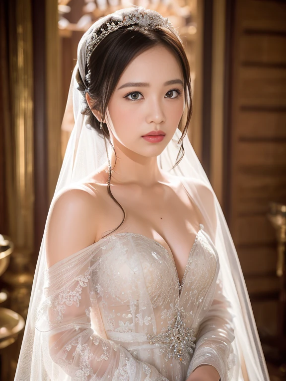 In the quiet ambiance of a first night romance, a beautiful bride stands with a seductive, yet slightly sad and worried expression on her face. The details of her enchanting eyes and delicate lips are exquisitely portrayed, catching the viewer's attention. Adorned with a see-through wedding dress, the fabric gracefully drapes her body, revealing her small breasts, which are tastefully presented. The deep V neckline of her dress accentuates her alluring charm. As the bride poses, her gentle elegance emanates from the masterpiece of this portrait. The image quality is of the highest standard, exhibiting ultra-detailed precision, capturing even the most intricate elements. The inclusion of realistic, photorealistic effects with a 1.37 enhancement further enhances the depth and authenticity of the artwork. This masterpiece is best appreciated in its full glory, with a resolution of 4k or 8k, capturing every subtle nuance and fine detail. The artist's skilled technique, akin to a professionally-shot photograph, skillfully utilizes studio lighting to accentuate the bride's grace and beauty. A soft color palette envelops the scene, enhancing the romantic atmosphere. The gentle play of light and shadows further emphasizes the bride's allure, creating a captivating ambiance. The overall composition exudes a sense of elegance and intimacy, inviting viewers to delve into the emotions and excitement of this first night romance.