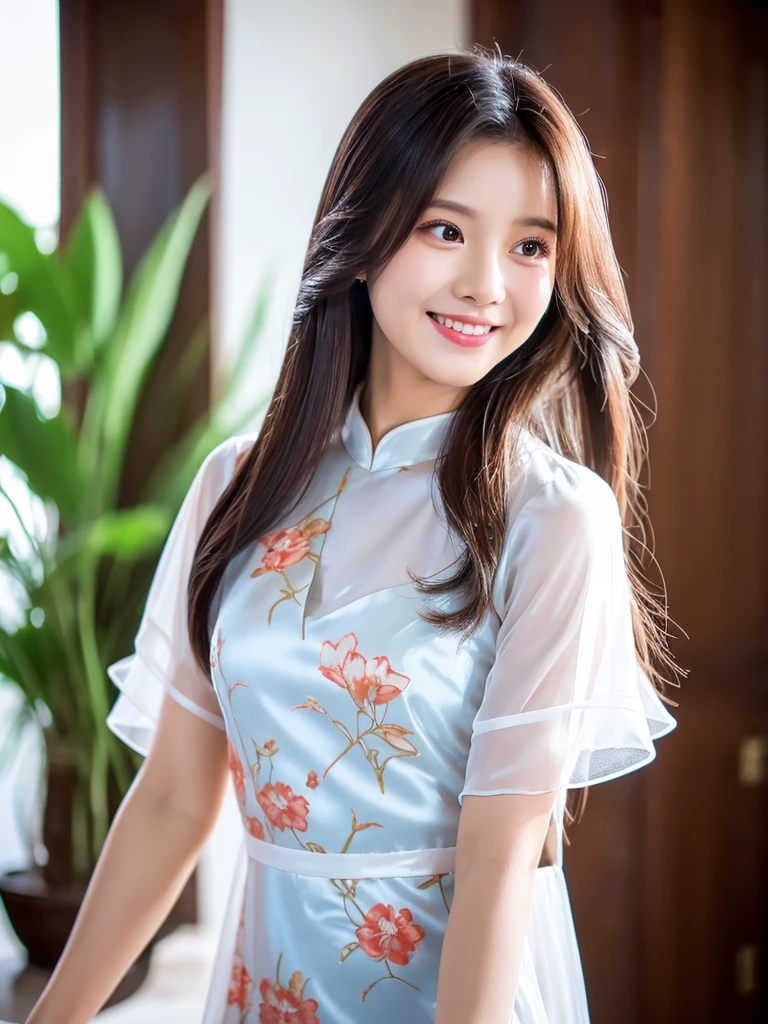white silk floral design aodai, Vietnamese girl, smile , long silky hair, Realistic lighting, delicate face, Body perfect anatomy,Top Quality, 8K Resolution , full body , realistic , real human , High quality, realistic , Cinematic, Aesthetic, beautiful girl,