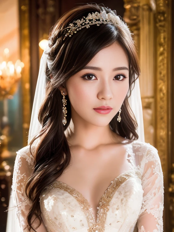 In the quiet ambiance of a first night romance, a beautiful bride stands with a seductive, yet slightly sad and worried expression on her face. The details of her enchanting eyes and delicate lips are exquisitely portrayed, catching the viewer's attention. Adorned with a see-through wedding dress, the fabric gracefully drapes her body, revealing her small breasts, which are tastefully presented. The deep V neckline of her dress accentuates her alluring charm. As the bride poses, her gentle elegance emanates from the masterpiece of this portrait. The image quality is of the highest standard, exhibiting ultra-detailed precision, capturing even the most intricate elements. The inclusion of realistic, photorealistic effects with a 1.37 enhancement further enhances the depth and authenticity of the artwork. This masterpiece is best appreciated in its full glory, with a resolution of 4k or 8k, capturing every subtle nuance and fine detail. The artist's skilled technique, akin to a professionally-shot photograph, skillfully utilizes studio lighting to accentuate the bride's grace and beauty. A soft color palette envelops the scene, enhancing the romantic atmosphere. The gentle play of light and shadows further emphasizes the bride's allure, creating a captivating ambiance. The overall composition exudes a sense of elegance and intimacy, inviting viewers to delve into the emotions and excitement of this first night romance.