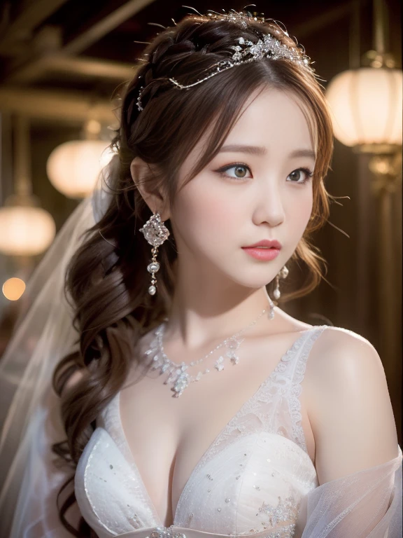 In the quiet ambiance of a first night romance, a beautiful bride stands with a seductive, yet slightly sad and worried expression on her face. The details of her enchanting eyes and delicate lips are exquisitely portrayed, catching the viewer's attention. Adorned with a see-through wedding dress, the fabric gracefully drapes her body, revealing her small breasts, which are tastefully presented. The deep V neckline of her dress accentuates her alluring charm. As the bride poses, her gentle elegance emanates from the masterpiece of this portrait. The image quality is of the highest standard, exhibiting ultra-detailed precision, capturing even the most intricate elements. The inclusion of realistic, photorealistic effects with a 1.37 enhancement further enhances the depth and authenticity of the artwork. This masterpiece is best appreciated in its full glory, with a resolution of 4k or 8k, capturing every subtle nuance and fine detail. The artist's skilled technique, akin to a professionally-shot photograph, skillfully utilizes studio lighting to accentuate the bride's grace and beauty. A soft color palette envelops the scene, enhancing the romantic atmosphere. The gentle play of light and shadows further emphasizes the bride's allure, creating a captivating ambiance. The overall composition exudes a sense of elegance and intimacy, inviting viewers to delve into the emotions and excitement of this first night romance.