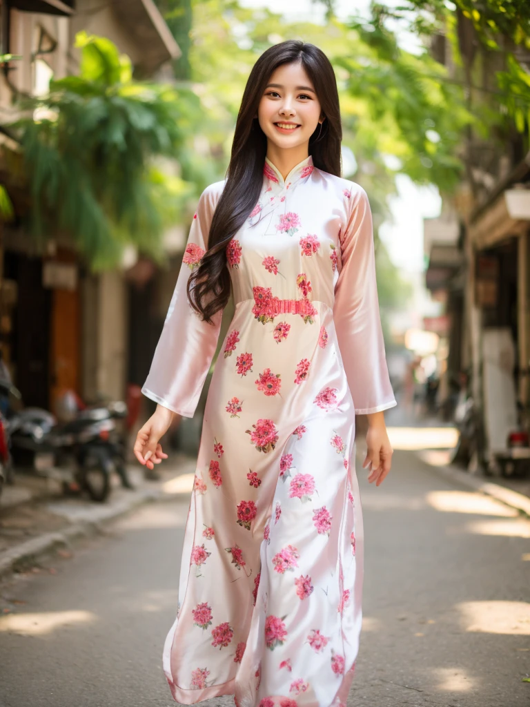 white silk floral design aodai, Vietnamese girl, smile , long silky hair, Realistic lighting, delicate face, Body perfect anatomy,Top Quality, 8K Resolution , full body , realistic , real human , High quality, realistic , Cinematic, Aesthetic, beautiful girl,