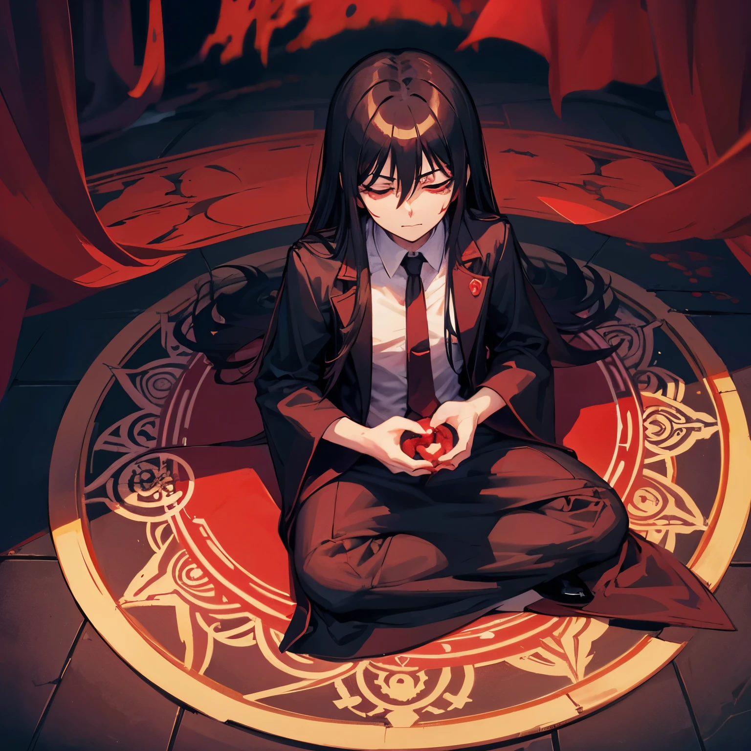 frontage Hellsing alucard male people A dark-haired meditate on the floor left and right eyes closed Blood background mandala