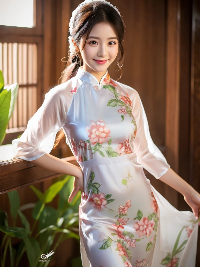 white silk floral design aodai, Vietnamese girl, smile , long silky hair, Realistic lighting, delicate face, Body perfect anatomy,Top Quality, 8K Resolution , full body , realistic , real human , High quality, realistic , Cinematic, Aesthetic, beautiful girl,
