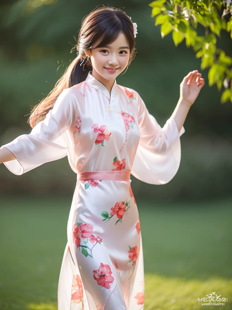 white silk floral design aodai, Vietnamese girl, smile , long silky hair, Realistic lighting, delicate face, Body perfect anatomy,Top Quality, 8K Resolution , full body , realistic , real human , High quality, realistic , Cinematic, Aesthetic, beautiful girl,