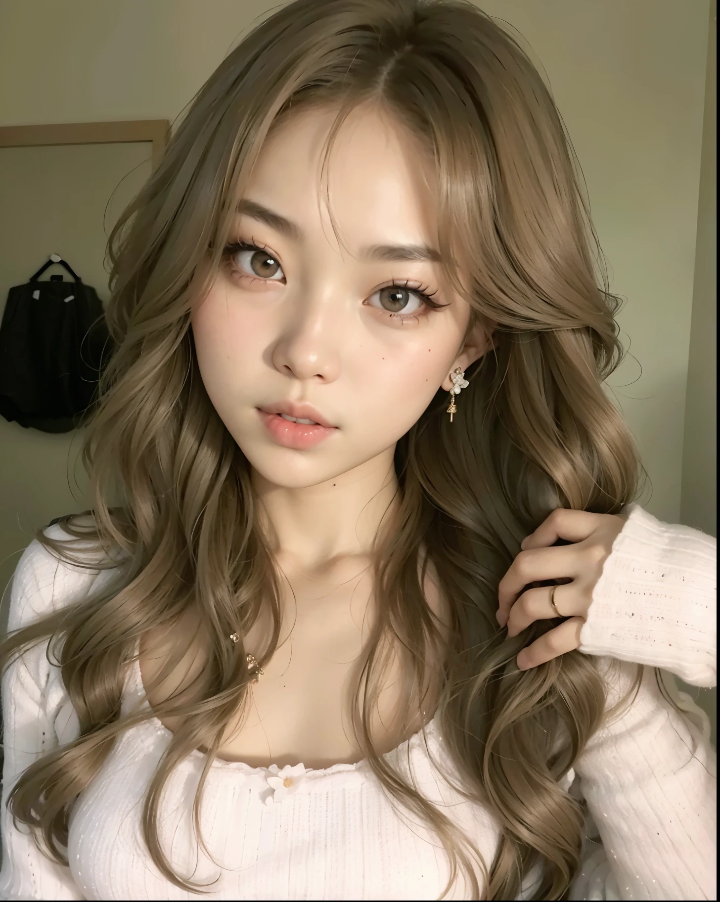 Un primer plano de una mujer con el pelo largo que lleva una camisa rosa, ulzzang, Lalisa Manobal, maquillaje popular de Corea del Sur, maquillaje coreano popular, Cabello largo y rubio y ojos grandes, Retrato realista kawaii, Chica coreana, Joven y adorable rostro coreano, Rasgos de la cara coreana, cabello rubio y ojos grandes, pale round face, Linda cara de anime natural