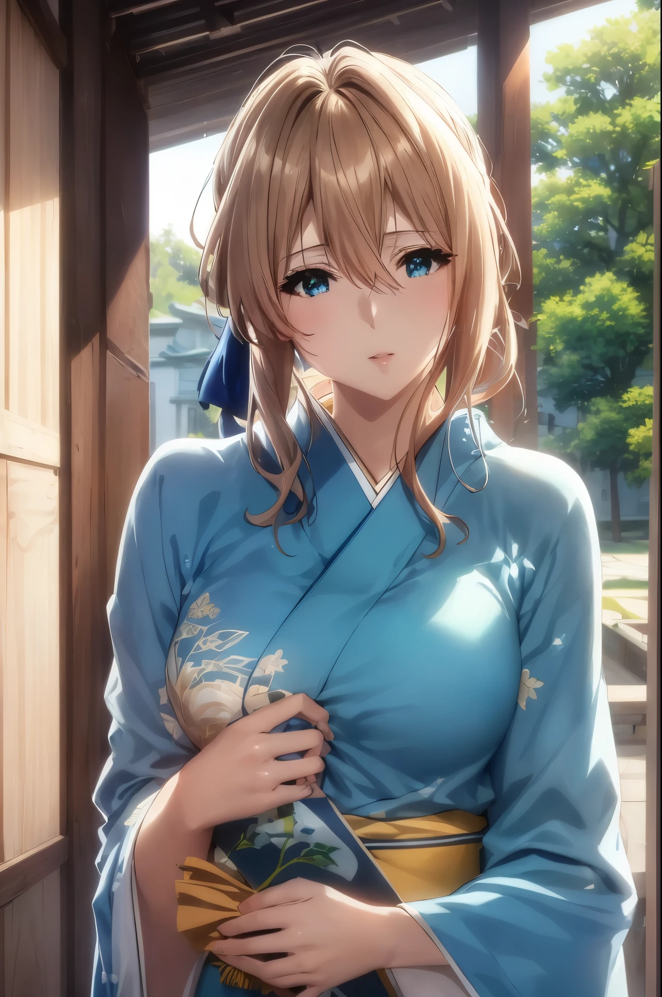 masuter piece, Best Quality, 超A high resolution, top-quality, Anime style, Best Lighting, Beautiful face, The upper part of the body, 独奏, Violet_Evergarden, a blond, jewely, a blondのアップド, bow ribbon, aqua eyes, (Light blue kimono:1.3), (blue obijime:1.2), Emeraude, morning sunlight, Temple background, (Face Focus:1.3), (Put your hands on your chest:1.3)