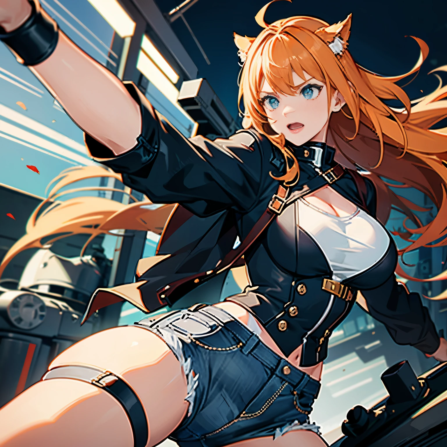 solo Anime mommy with orange hair and cat ears, wearing white ripped shirt short sleeves brown leather jacket and black jeans on the sailing ship fighting in war fierce face mad scratches on her face fighting with bare hands more fierce and mad face with a katana on here back MORE FIERCE!!! MORE FIERCE AND ACTION NO OTHER CHARACTER SHES WEARING JEANS NOT SHORTS! SHE NEEDS JEANS NOT SHORTS AND MORE ACTION ON A SHIP JUST HER BEING A HOT MOMMY FIGHTING IN WAR