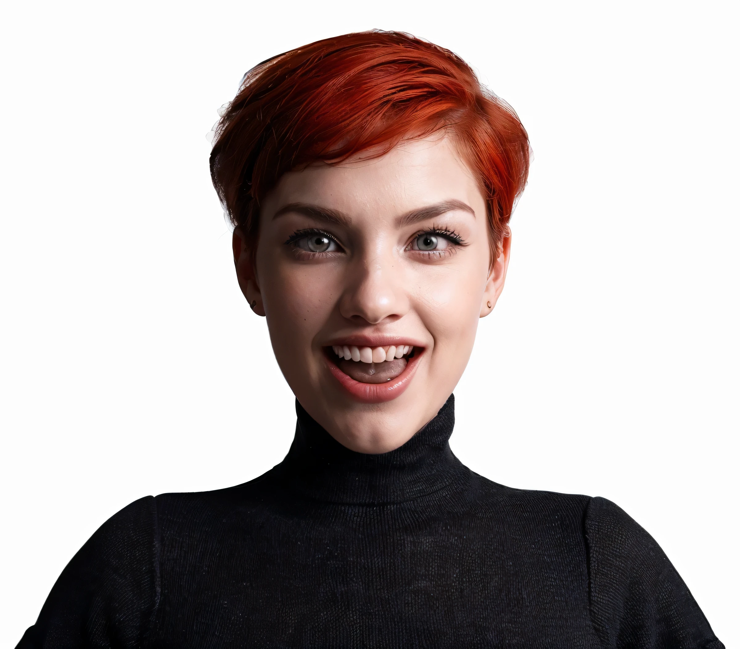 ((Rosto realista, sedutor, Olhar adulto, olhos brancos)), (topo de corte cinza, black underwear, roupas curtas), (cabelo longo ruivo), (30 anos), (1 girl), (Estilo monocromatico) (ruiva) (perfect teeths) (natural short hair) (perfect tongue) (tongue in the teeth)