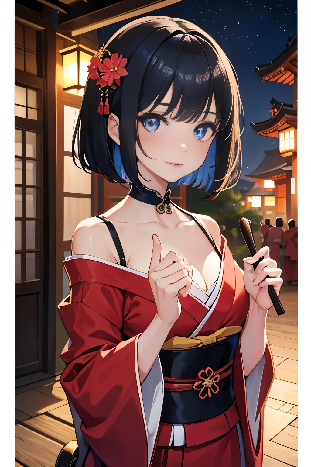 (Masterpiece:1.2, high quality), (absurdres:1.2), (pixiv:1.4), (1girl:1.2), (solo:1.2), (smile:0.8), blush, beautiful caucasian woman, (mature), symmetric face, bob cut with side fringes, bangs, black hair, hair clip, crystal blue eyes, (detailed eyes), double eyelids, dark eyeshadow, pale pink lips, smile, collarbone, off-shoulder kimono, red kimono, cleavage, slim waist, body curves, dynamic pose, going down stairs, street, steet view, trees, aesthetic outdoors, dawn sky, japanese theme, japanese temple, night view, fireworks, firework in sky, lantern rite, lanterns, lantern street, ultra detailed, extra details, (highres:1.2), HD, 8k, 1080, vivid colors, dim lighting, intrinsic detaillurry_background:1.2), highly focused face, (detailed face)