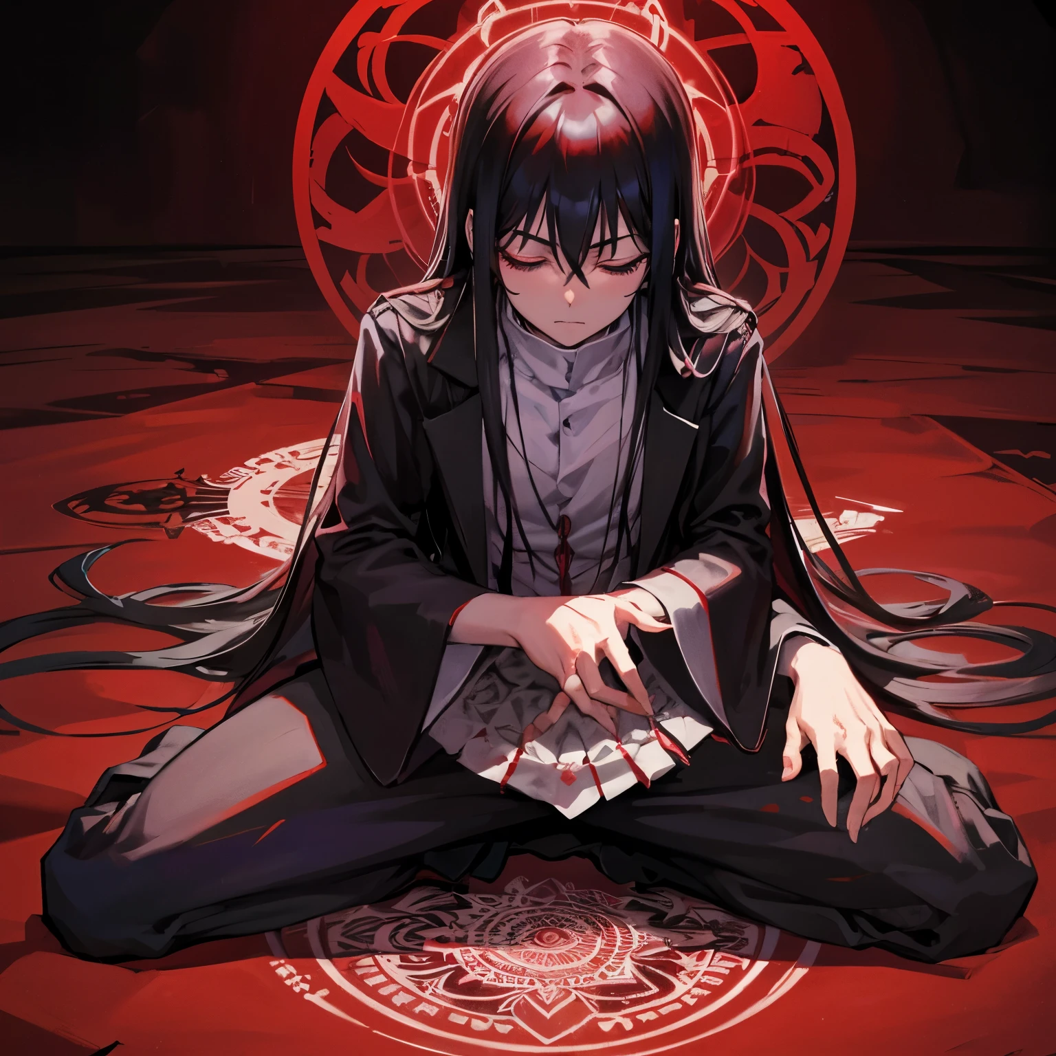 frontage　Hellsing　alucard　male people　A dark-haired　meditate on the floor　left and right eyes closed　Blood background mandala