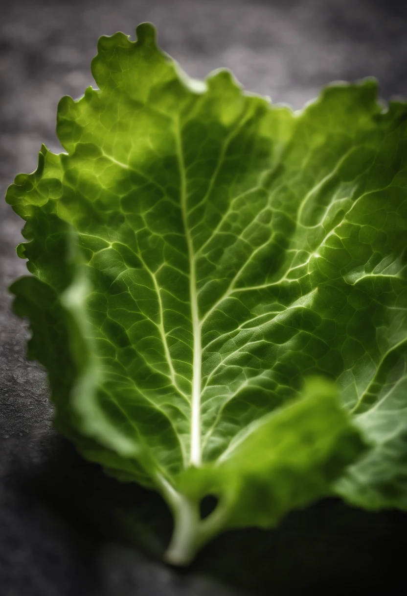 a close-up shot of a single crisp lettuce leaf, showcasing its intricate veining, vibrant green color, and delicate texture