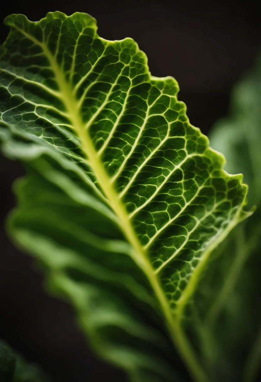 a close-up shot of a single crisp lettuce leaf, showcasing its intricate veining, vibrant green color, and delicate texture