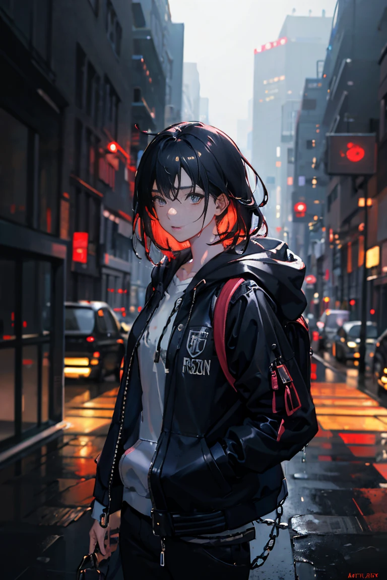 1girl, jacket, rain, outdoor, hoodie, open jacket, chain, backpack, looking at another, messy hair, trending on artstation, 8k resolution, highly detailed, anatomically correct, sharp image, digital painting, concept art, trending on pixiv, style of makoto shinkai,