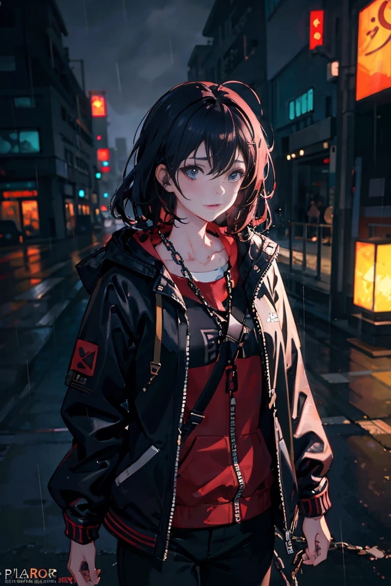 1girl, jacket, rain, outdoor, hoodie, open jacket, chain, backpack, looking at another, messy hair, trending on artstation, 8k resolution, highly detailed, anatomically correct, sharp image, digital painting, concept art, trending on pixiv, style of makoto shinkai,
