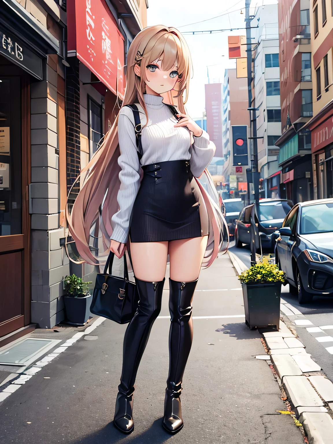 Anime girl in black boots and a white shirt posing on a street - SeaArt AI