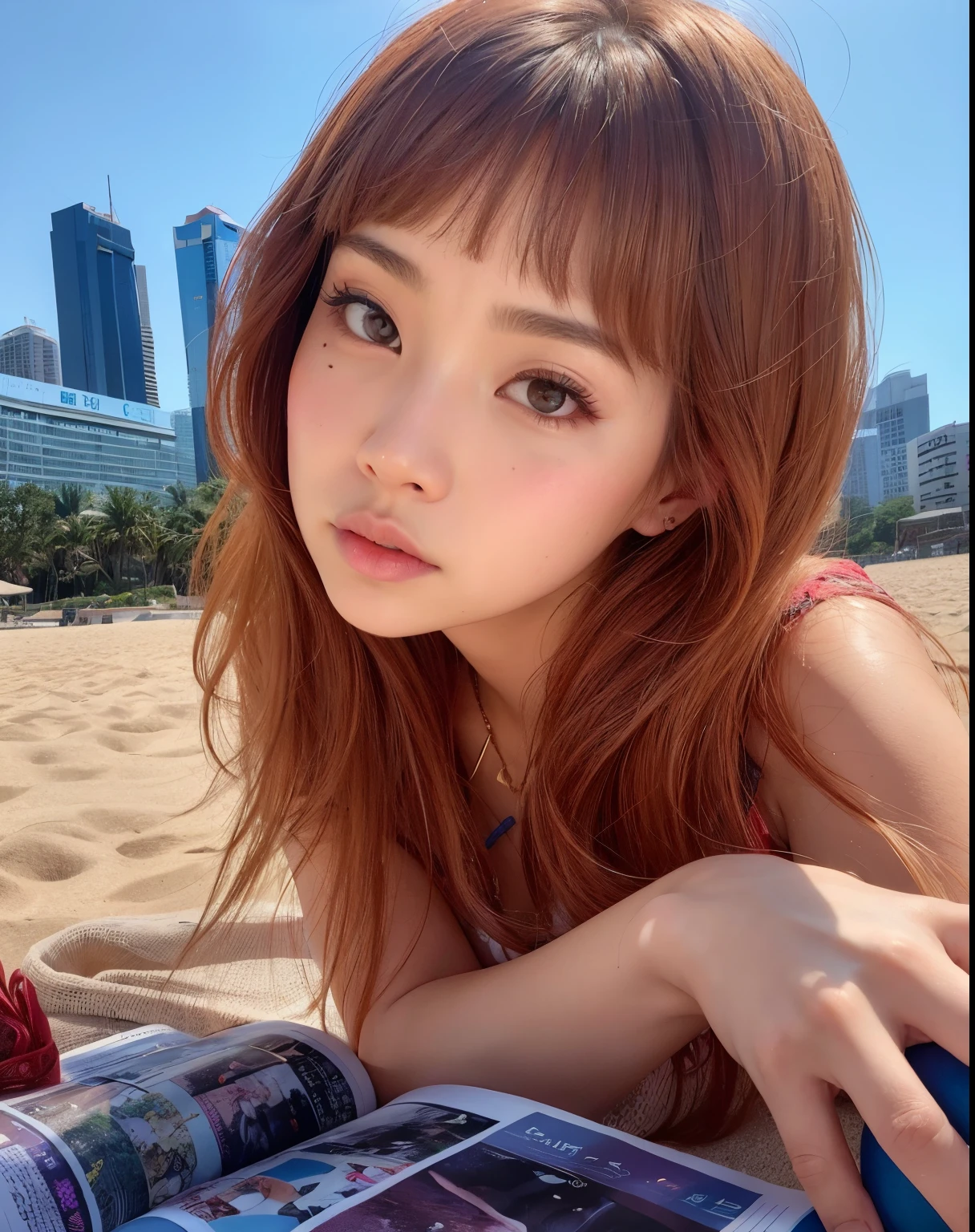 Mujer acostada en la playa con una revista en la mano, Lalisa Manobal, Lalisa Manoban de Blackpink, Sun Yunjoo, Hermosa Delphine, young niña asiatica, niña asiatica, beautiful niña asiatica, en la playa, con flequillo, Chica coreana, Xintong Chen, Chica china, El Corte Hime, Chica de anime en la vida real