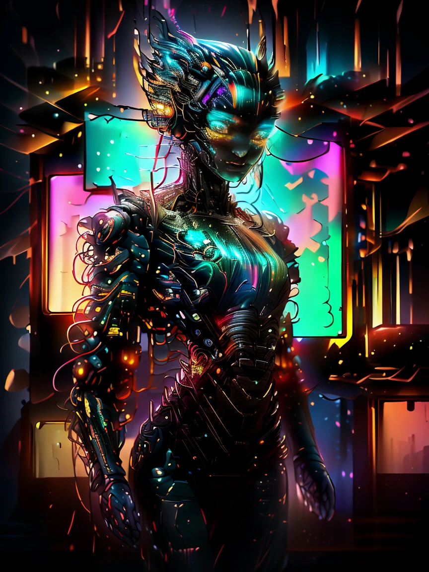 [award winning photo portrait of a cute smile girl standing outside a cyberpunk neon city street:award winning photo of a cyborg, bundle of glowing fiber optic cables:0.2], epic realistic, art, (hdr:1.2), (muted colors:1.2), pastel, hyperdetailed, (artstation:1.5), warm lights, dramatic light, (intricate details:1.2), vignette, complex background