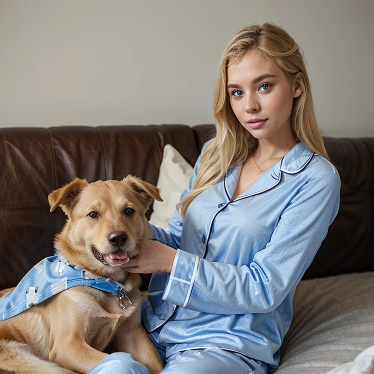 Instagram Hot blonde, blue eyed chick, wearing pyjamas, cuddling a dog