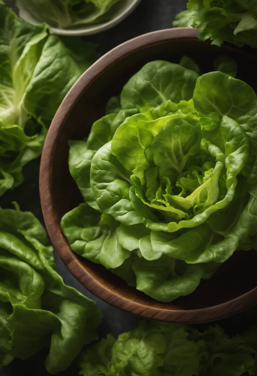 a top-down shot of a bowl filled with fresh, vibrant lettuce leaves, creating a visually pleasing and appetizing composition