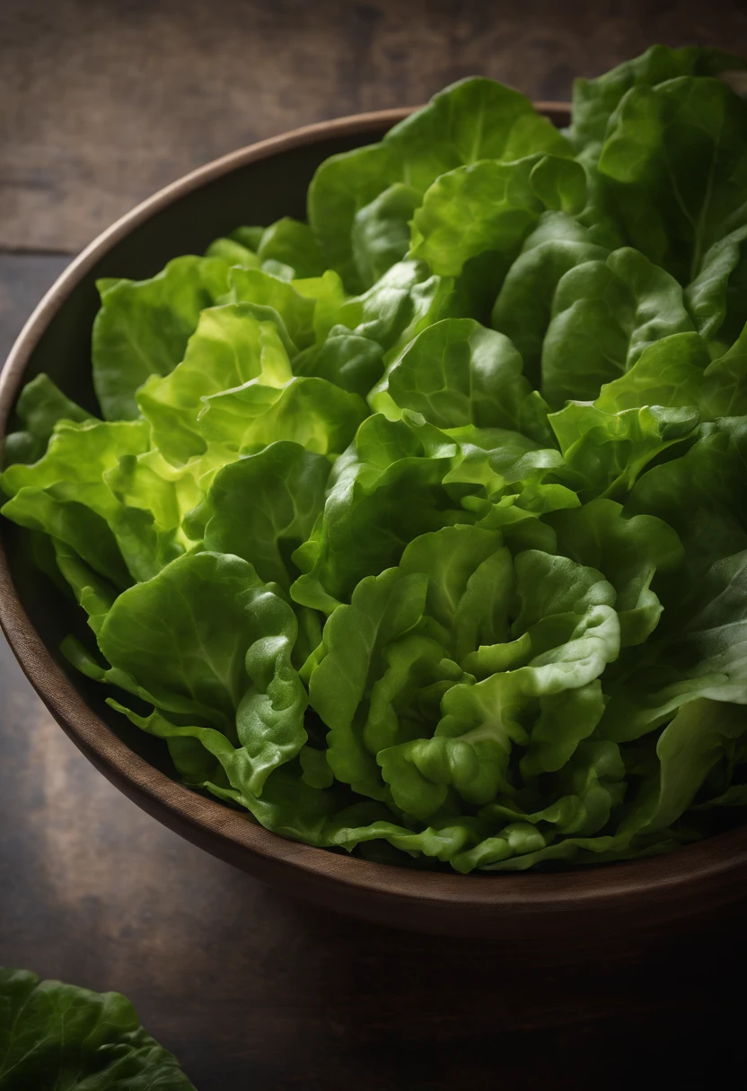 a top-down shot of a bowl filled with fresh, vibrant lettuce leaves, creating a visually pleasing and appetizing composition
