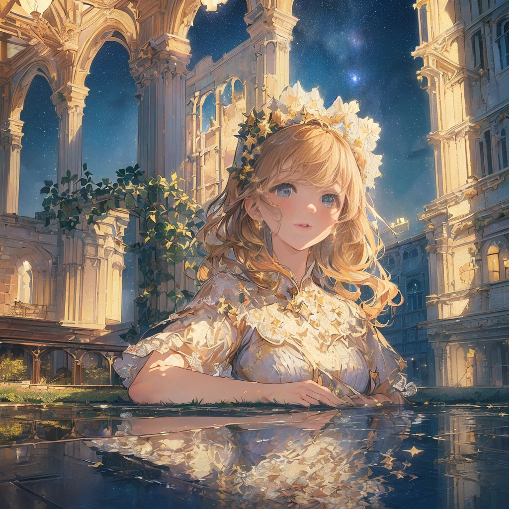 (((best, highest quality)) (((( masterpiece))), (((highest quality))), (((super detailed))), (very delicate and beautiful)), (girl looking up at the sky)), light like in a movie, (((water pooling in old building and reflecting starry sky))), Milky Way, (rusty sign)), ruins, hanging ivy, summer, moon dress
