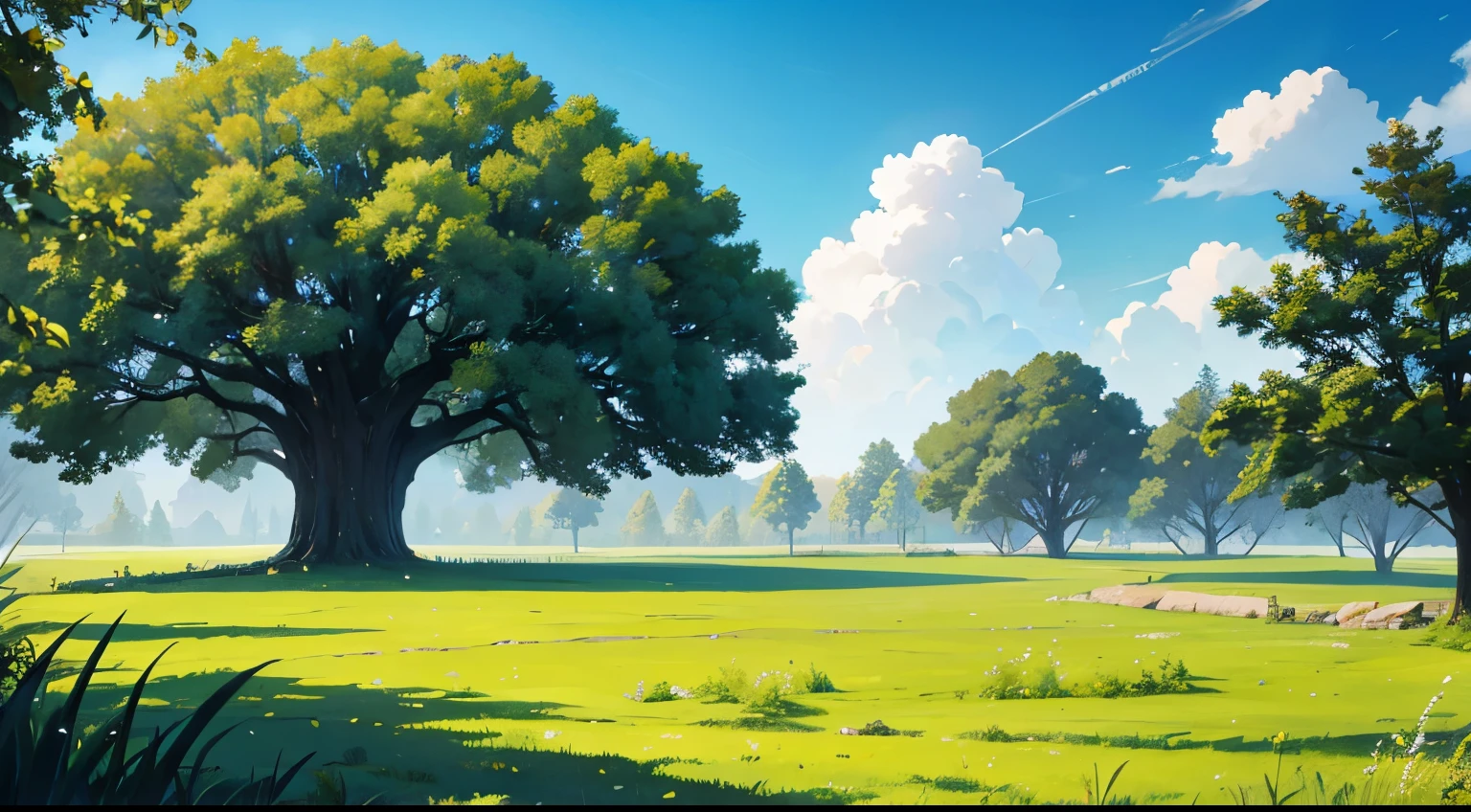 wild grassland、big tree on the right side of the screen
