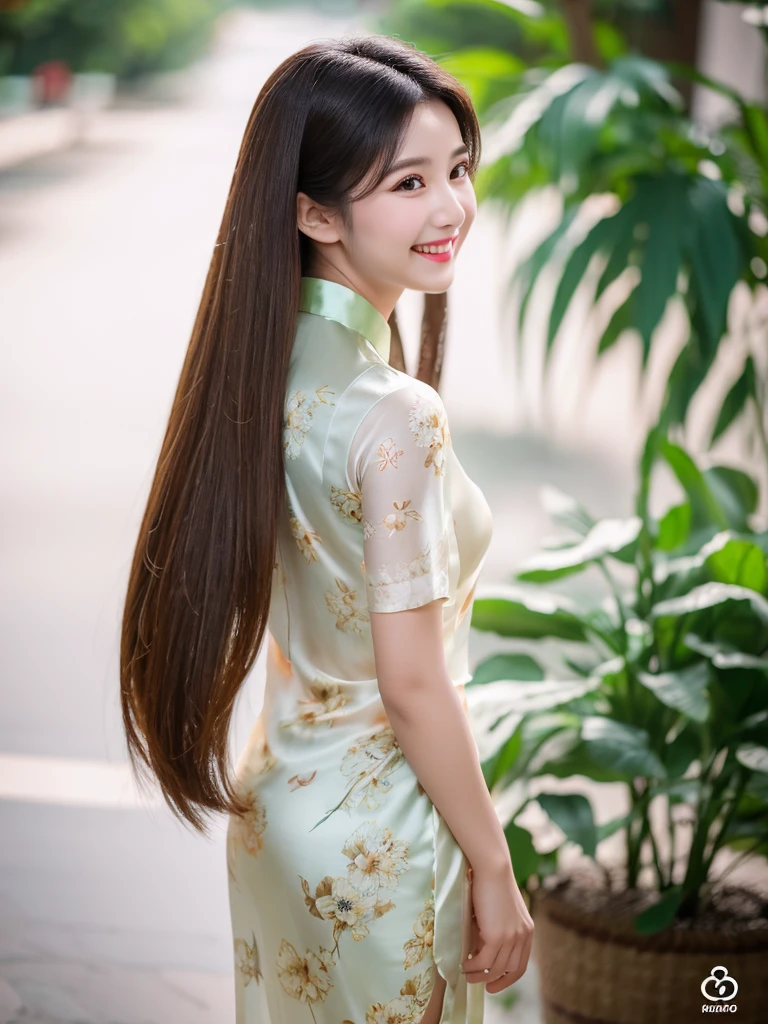 white silk floral design qi pao, Vietnamese girl, smile , long silky hair, Realistic lighting, delicate face, Body perfect anatomy,Top Quality, 8K Resolution , full body , realistic , real human , High quality, realistic , Cinematic, Aesthetic, beautiful girl, two white bunned ox horn hair