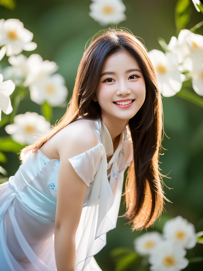 white silk floral design qi pao, Vietnamese girl, smile , long silky hair, Realistic lighting, delicate face, Body perfect anatomy,Top Quality, 8K Resolution , full body , realistic , real human , High quality, realistic , Cinematic, Aesthetic, beautiful girl, two white bunned ox horn hair