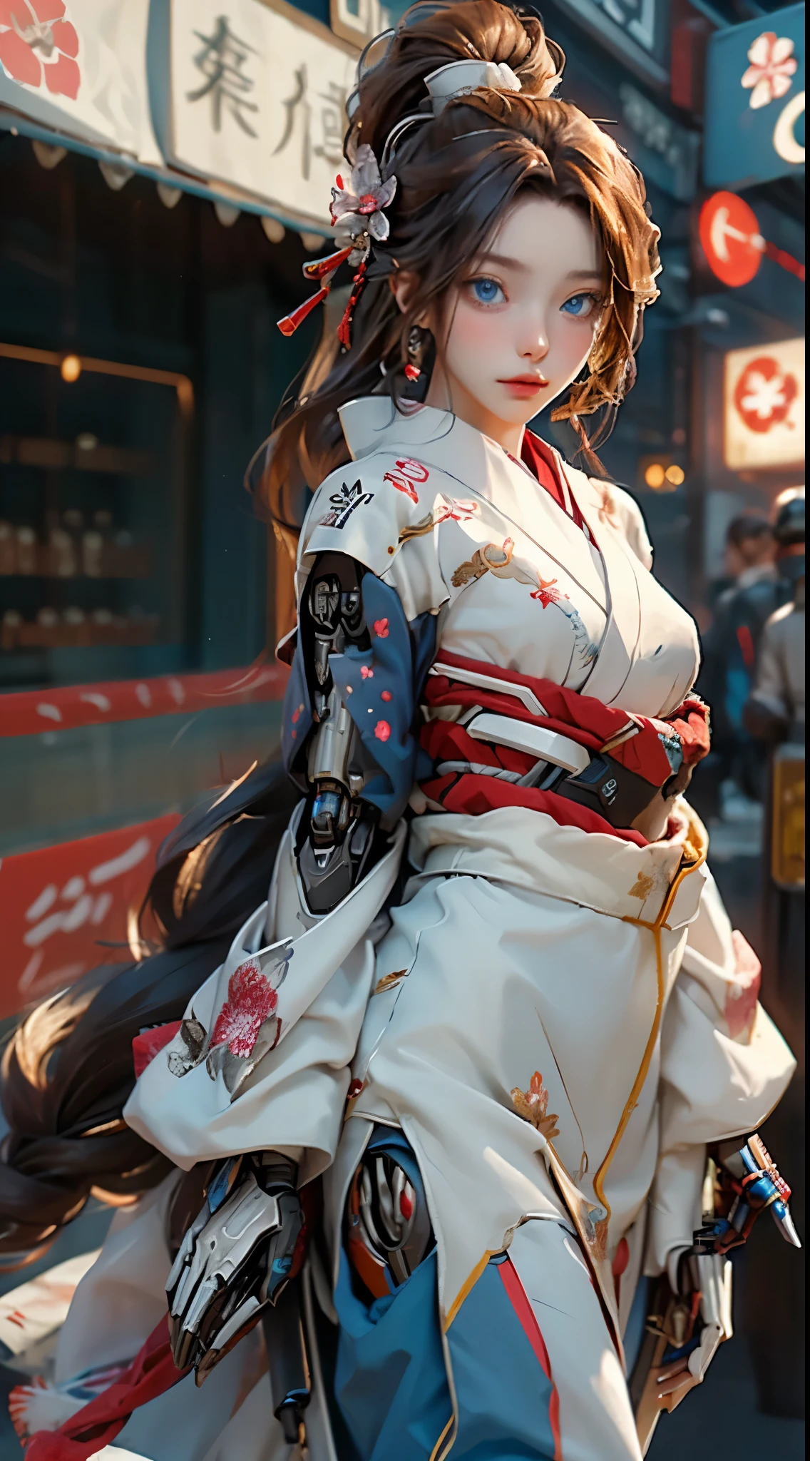 Head-to-toe photo of a full-length female robot with a mechanical body..., mechanical hand, mechanical foot, Blue Eyes, long, light brown hair flows., Wearing a flowing red kimono, Decorate the body with various metal flowers..., Turn Around, look at camera, Drift into the cyber world of the future.., Humanity cyberpunk style, Realistic, Elegant, wide shot, high-detail,Exquisite,10, Lens 65mm,full-body-shot, White gold tone
