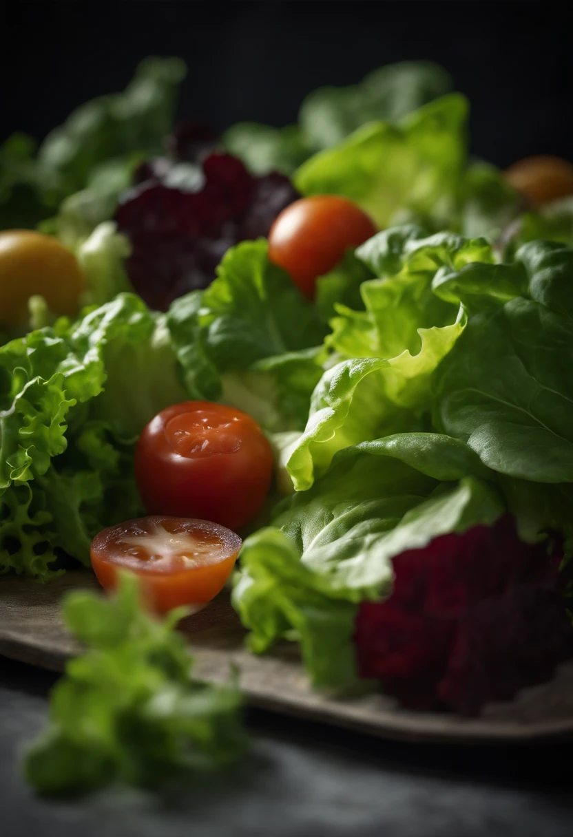 a high-resolution shot of a salad made with various types of lettuce, highlighting the different textures, colors, and shapes of the leaves