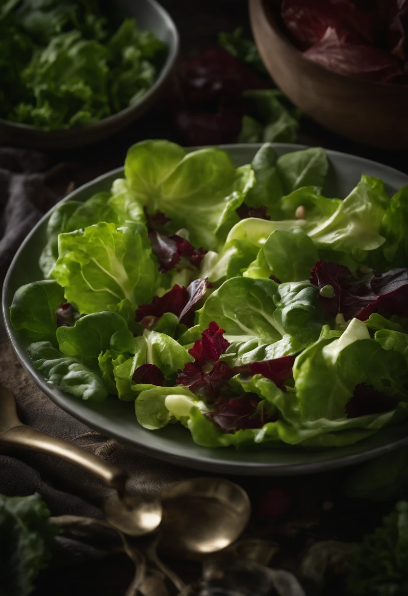a high-resolution shot of a salad made with various types of lettuce, highlighting the different textures, colors, and shapes of the leaves