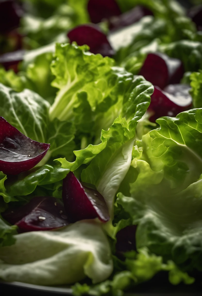 a high-resolution shot of a salad made with various types of lettuce, highlighting the different textures, colors, and shapes of the leaves