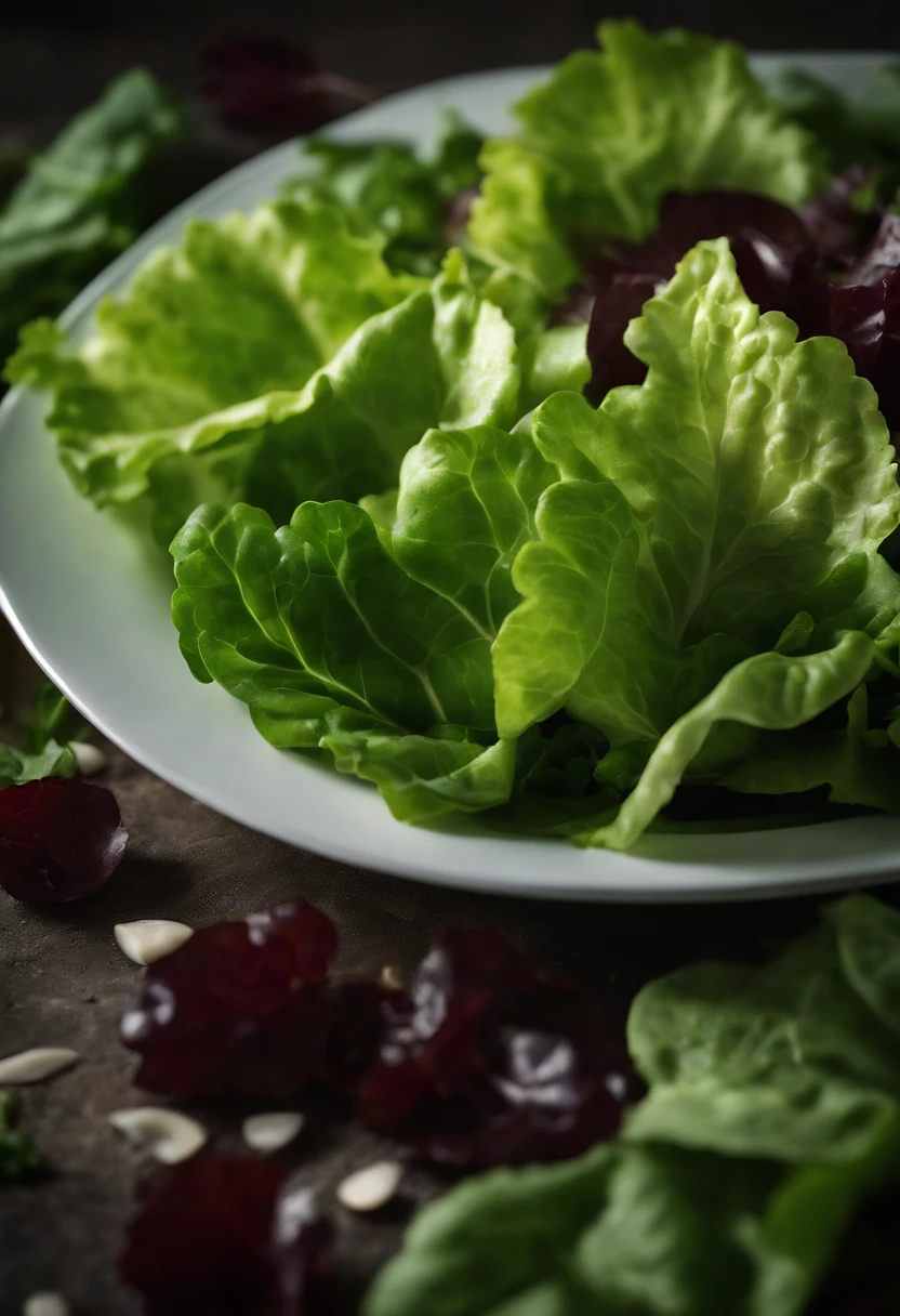 a high-resolution shot of a salad made with various types of lettuce, highlighting the different textures, colors, and shapes of the leaves