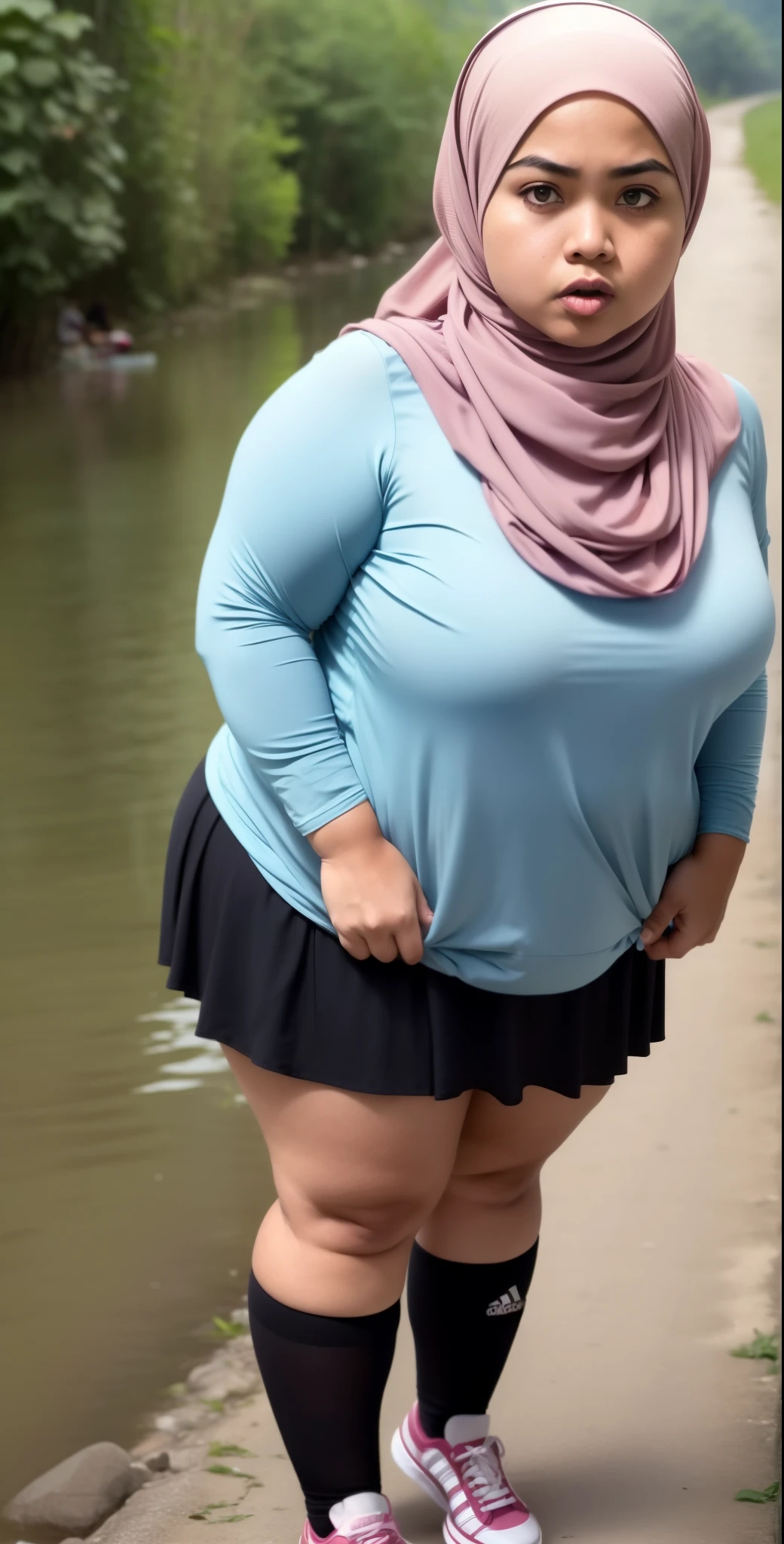 ((HIJAB MALAY GIRL)), ((BBW)), SHORTS, HUGE WIDE BUTT, WIDE BUTT, 63 YEAR OLD METURE women's, METURE women's, (ROSE LIPS), (ADIDAS SNEAKERS), (TIGH SKIRT), walking in style on a Village river, (ANGRY FACE EXPRESSION), TRANSPARENT, STAYING, THICK FOG. FOGGING, (ANGRY FACE EXPRESSION),