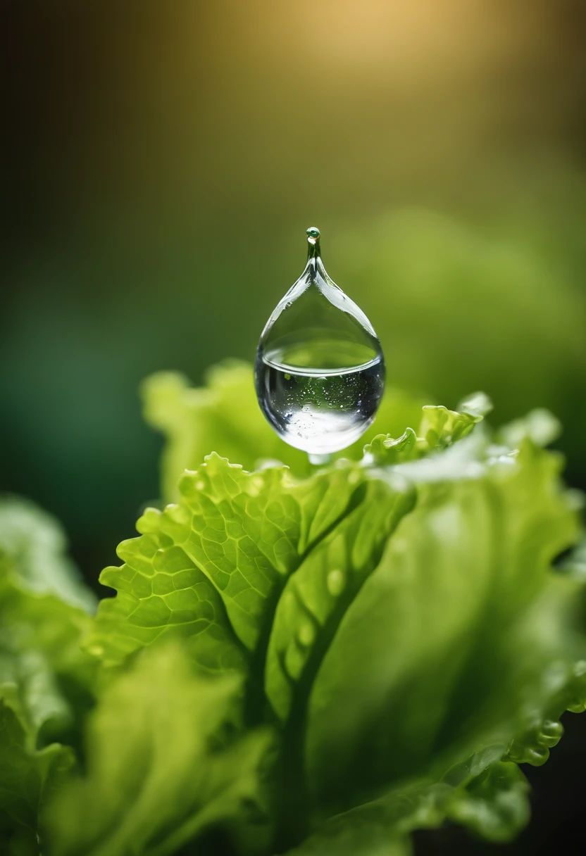 a detail shot of a droplet of water clinging to a leaf of lettuce, emphasizing its natural freshness and hydration