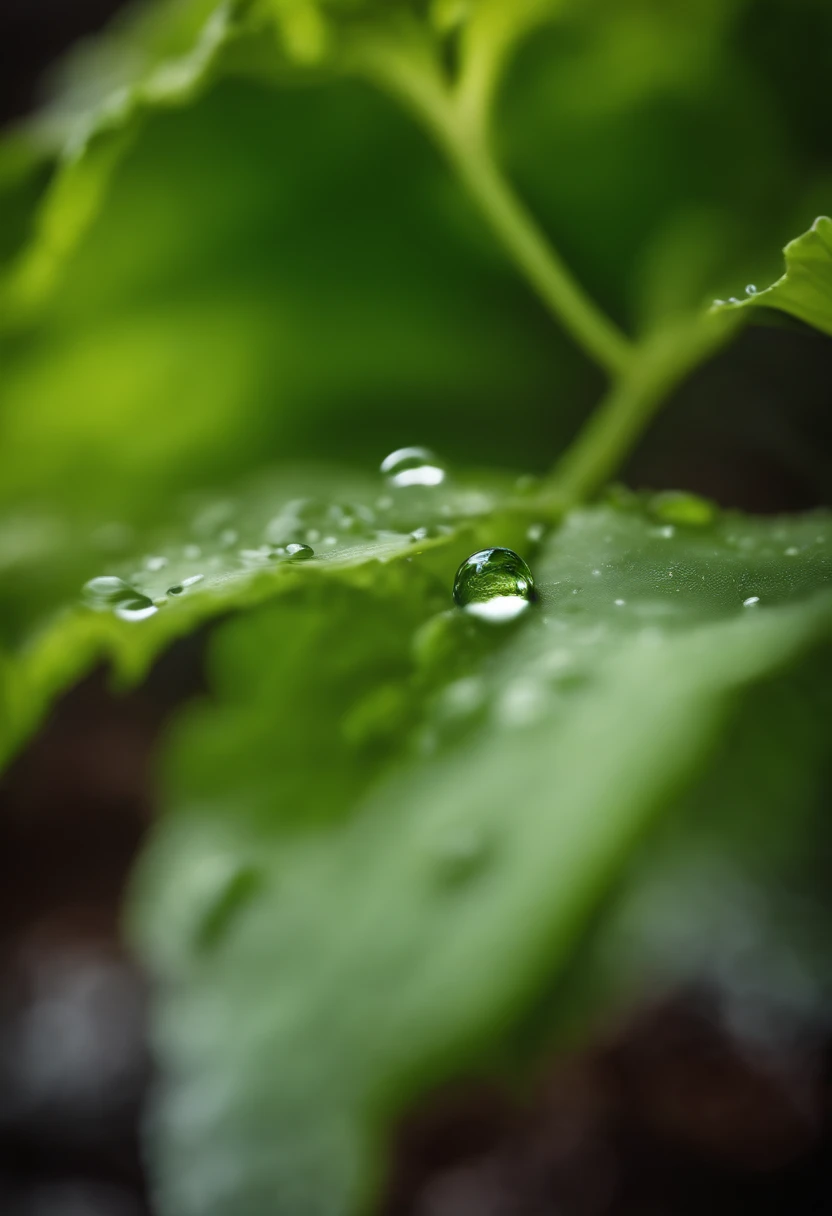 a detail shot of a droplet of water clinging to a leaf of lettuce, emphasizing its natural freshness and hydration