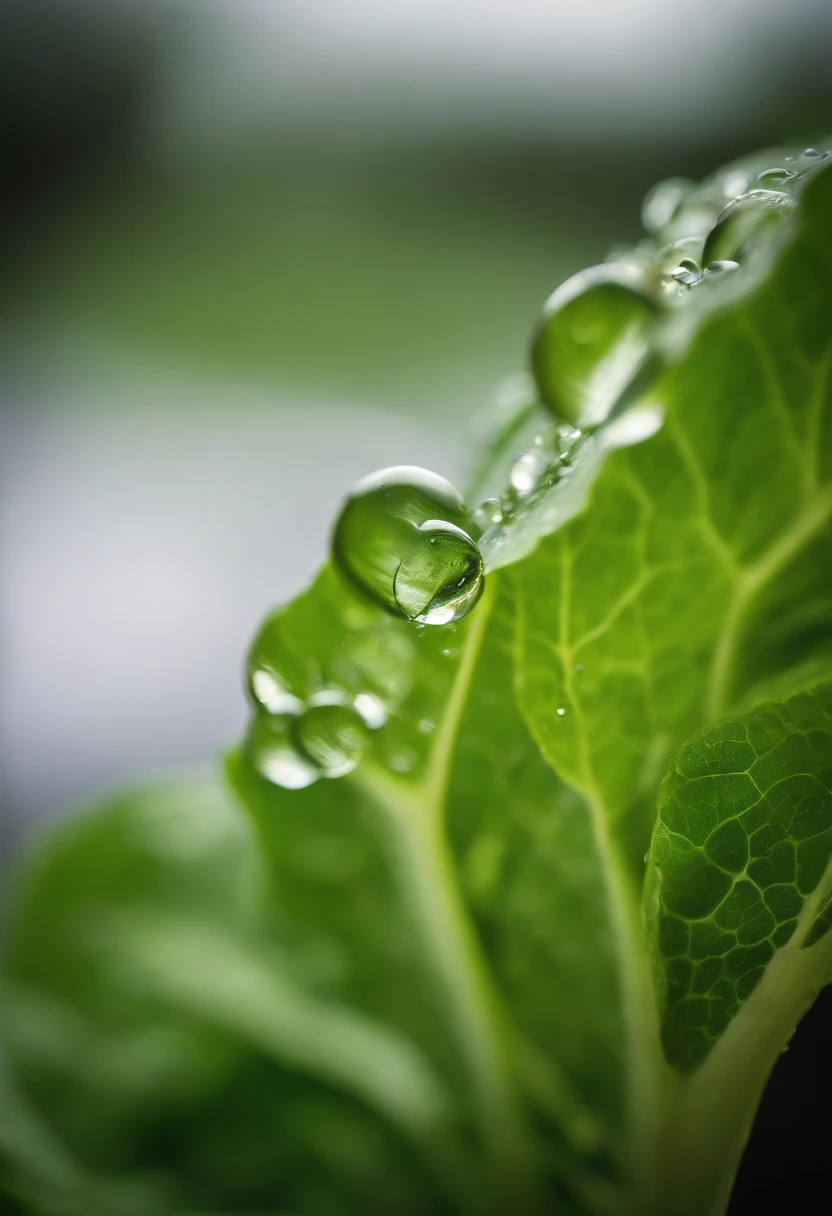a detail shot of a droplet of water clinging to a leaf of lettuce, emphasizing its natural freshness and hydration
