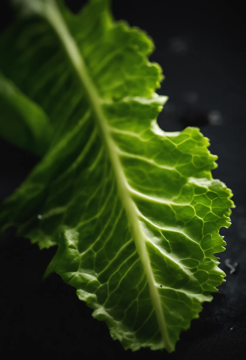 a creative shot of a lettuce leaf being torn or chopped, capturing the movement and texture of the leaf as it breaks apart