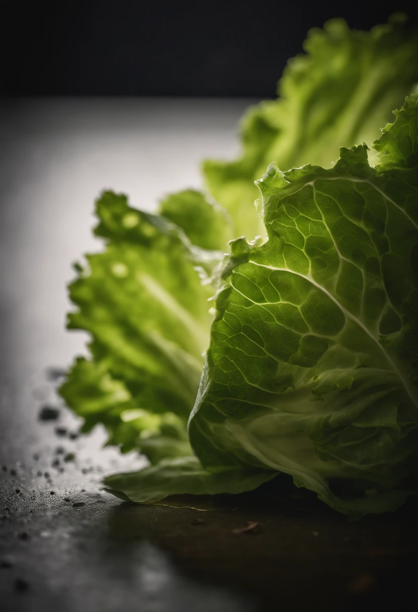 a creative shot of a lettuce leaf being torn or chopped, capturing the movement and texture of the leaf as it breaks apart