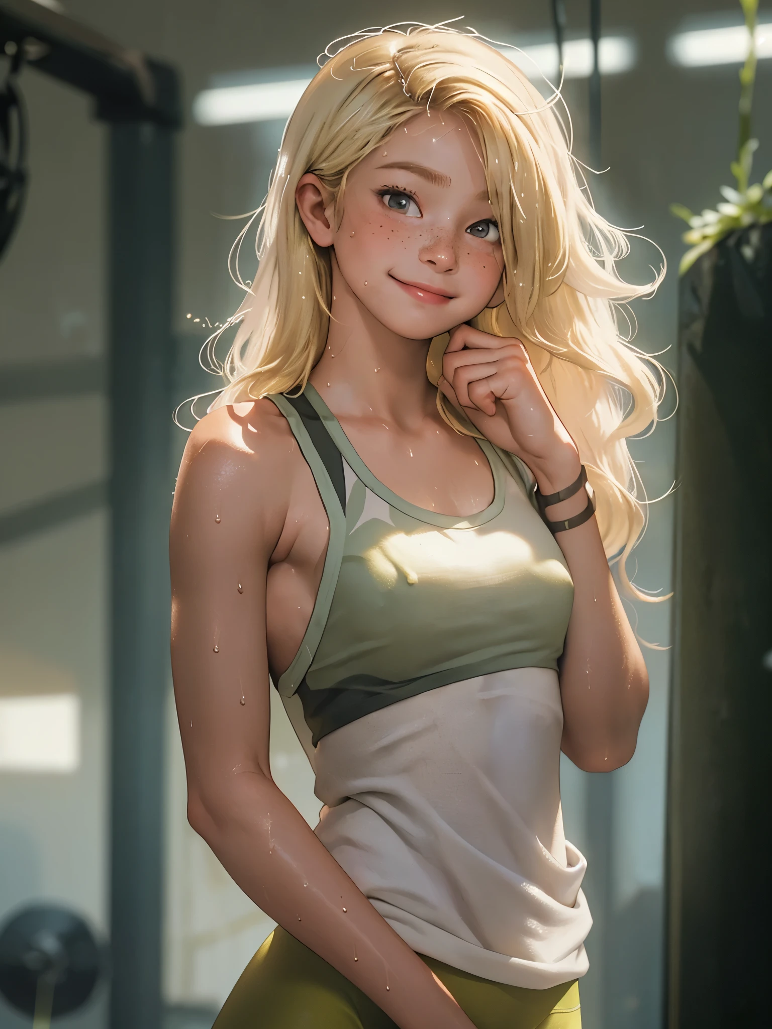 (best quality, masterpiece), 1girl, standing, slim body, gym, sweat, head tilt, see-through, blonde, freckles, blush, steaming body, (oversized tank top), (backlight:1.2), twisted torso, long hair, looking at viewer, smile, (sweat), leggings
