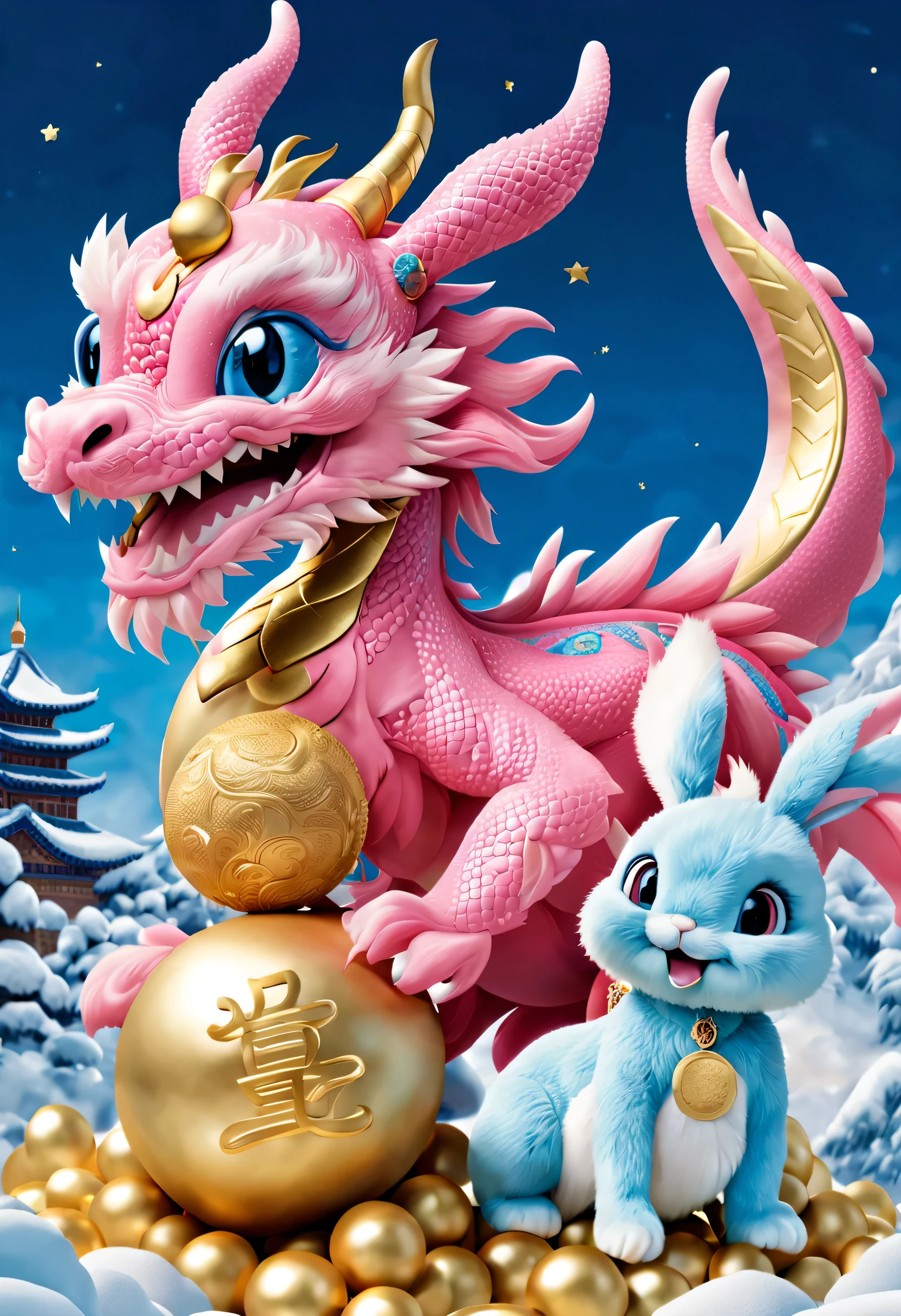 (2024 poster design),Pink and blue as main colors, (Cute and playful blue Chinese dragon is saying goodbye to fluffy bunny:1.23),2024 Gold Medal,a happy new year,