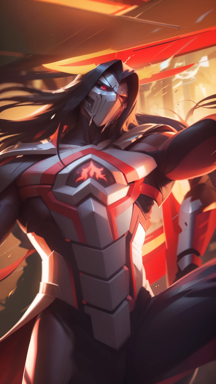 masked man with long hair, thick feather coat, long horns, elf ears, flaming amber eyes, scarred body, angry glare,, detailed Hair, RAW photo, twilight dragon, masterpiece, 8k, best quality, highly detail, ultra realistic, no face.