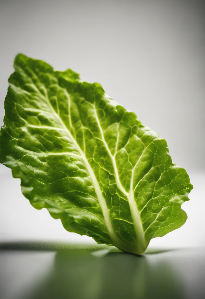 a minimalistic shot of a single lettuce leaf against a clean, white background, allowing the vibrant green color to be the focal point