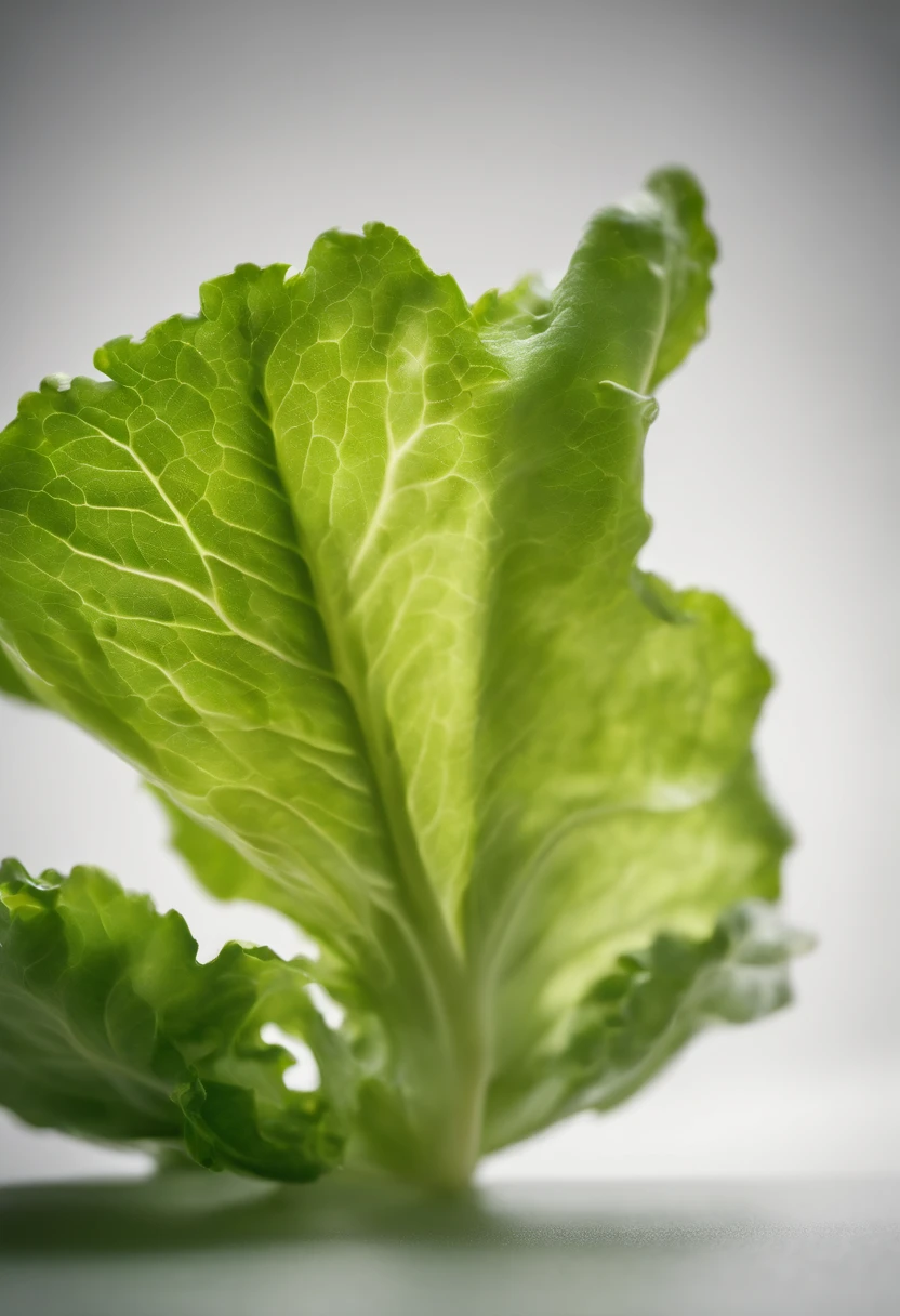 a minimalistic shot of a single lettuce leaf against a clean, white background, allowing the vibrant green color to be the focal point