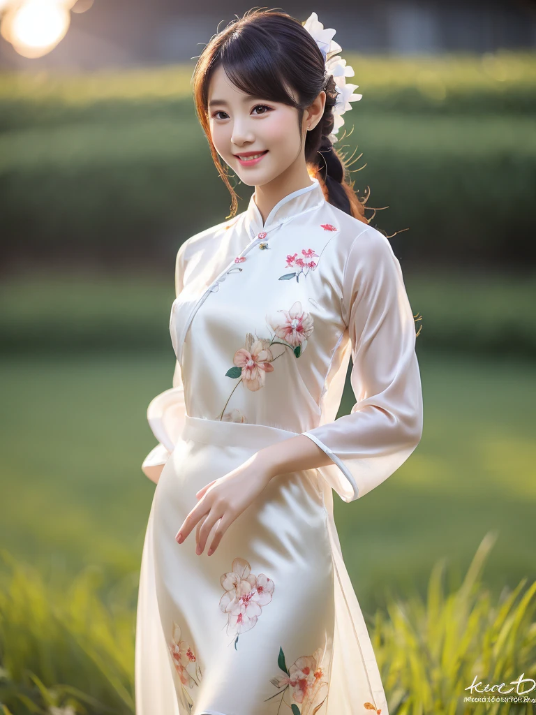 white silk floral design aodai, Vietnamese girl, smile , long silky hair, Realistic lighting, delicate face, Body perfect anatomy,Top Quality, 8K Resolution , full body , realistic , real human , High quality, realistic , Cinematic, Aesthetic, beautiful girl, two white bunned ox horn hair niújiǎotóu