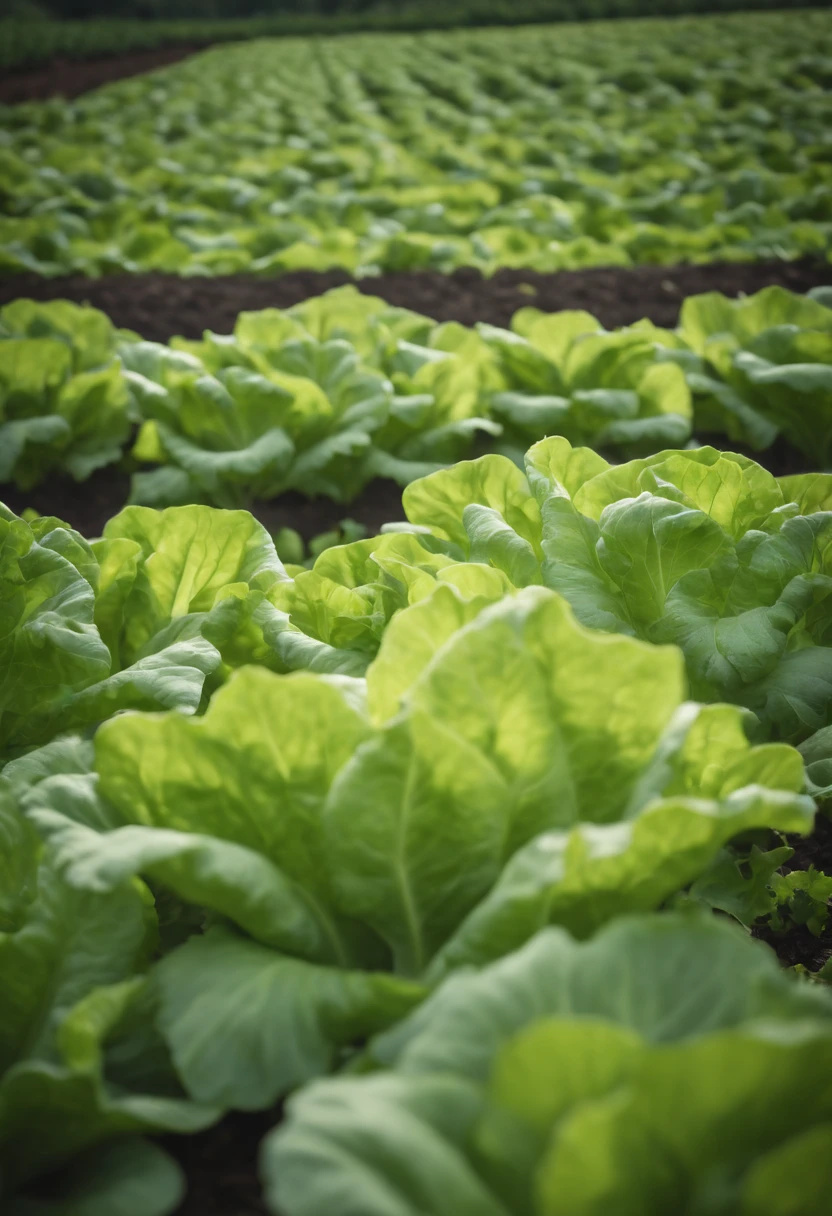 a high-angle shot of a lettuce field or garden, showcasing rows of leafy greens and the natural beauty of the growing environment