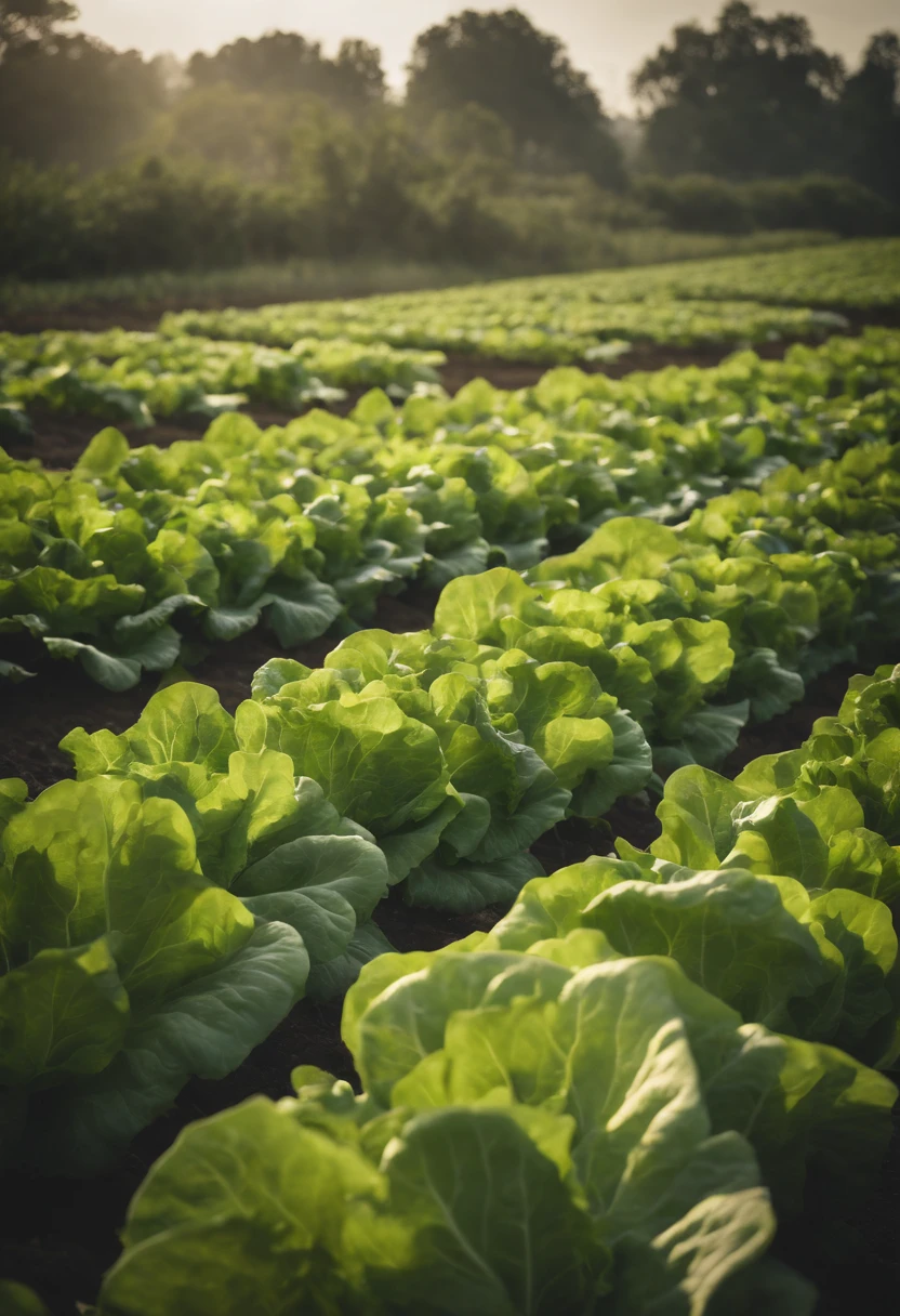 a high-angle shot of a lettuce field or garden, showcasing rows of leafy greens and the natural beauty of the growing environment