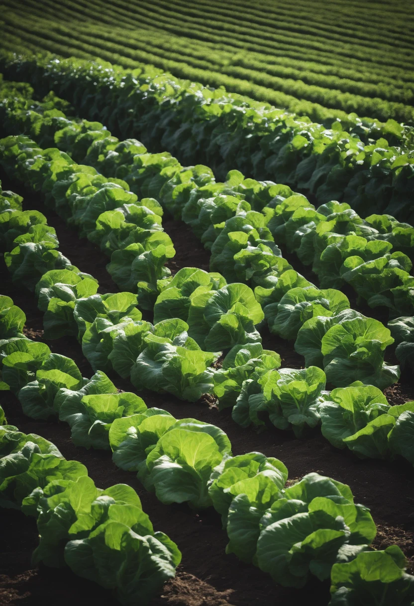 a high-angle shot of a lettuce field or garden, showcasing rows of leafy greens and the natural beauty of the growing environment